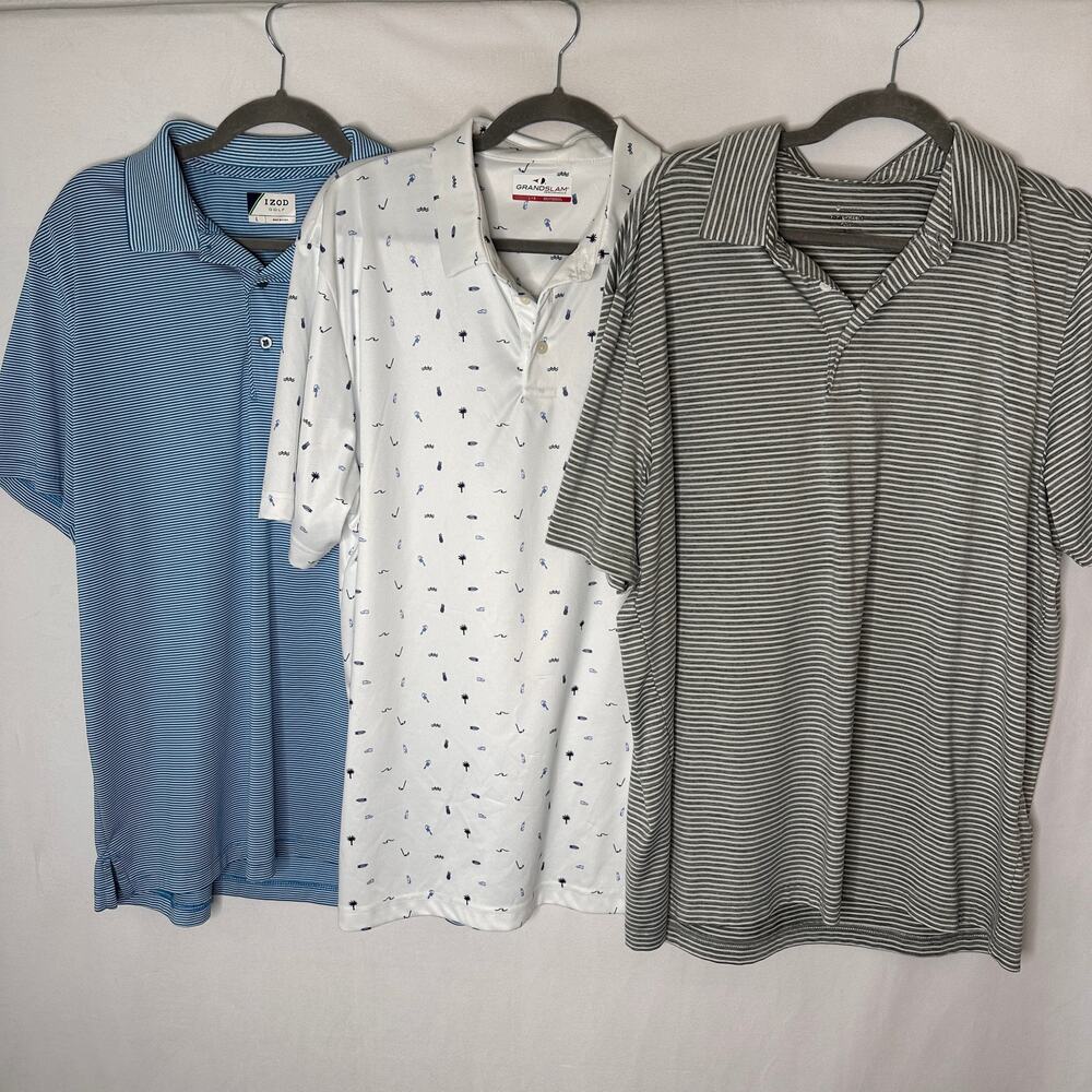 Men's Golf Polo Shirt bundle of 3 Striped Novelty Print Izod Grand Slam Large